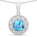 2.25 Ct round Swiss Blue Topaz & Lab Diamond prong Silver Halo pendant Necklace by Fine Color Jewels