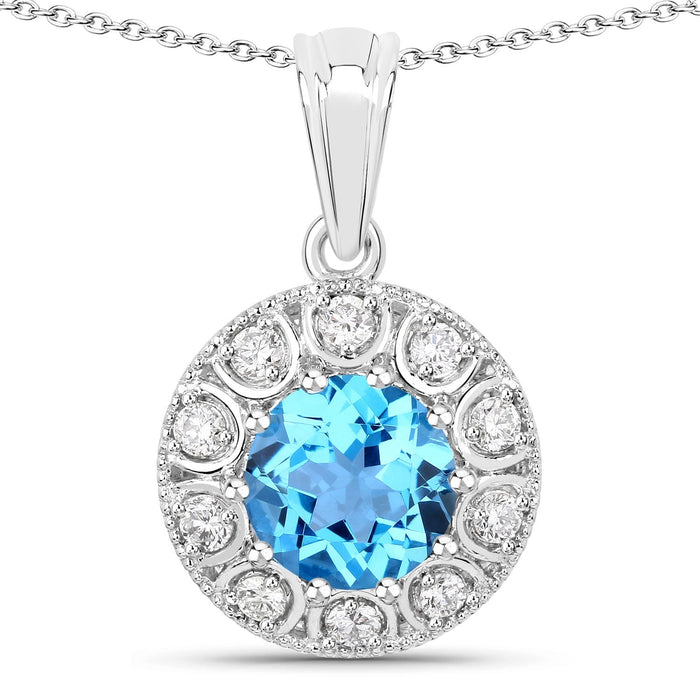 2.25 Ct round Swiss Blue Topaz & Lab Diamond prong Silver Halo pendant Necklace by Fine Color Jewels