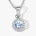 0.38 Ct round blue Aquamarine & Lab Diamond prong Silver Halo pendant Necklace by Fine Color Jewels