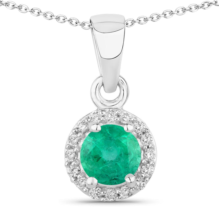 0.42 Ct Round Green Zambian Emerald & Lab Diamond Prong Silver Halo Pendant Necklace by Fine Color Jewels