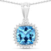 3.40 Ct Cushion Swiss Blue Topaz & Lab Diamond Prong Silver Halo Pendant Necklace