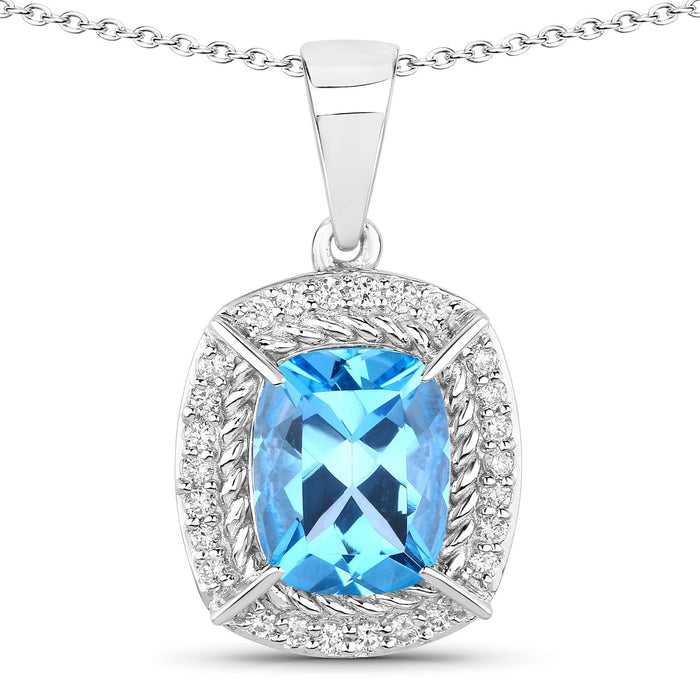 3.50 Ct Cushion Swiss Blue Topaz & Lab Diamond Prong Silver Halo Pendant Necklace by Fine Color Jewels