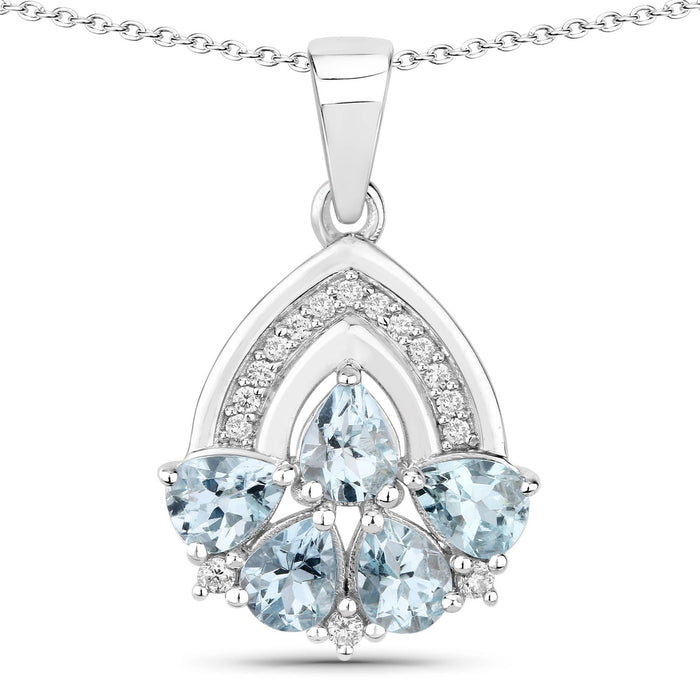 1.10 Ct Pear Blue Aquamarine & Lab Diamond Prong Silver Five Stone Pendant Necklace by Fine Color Jewels