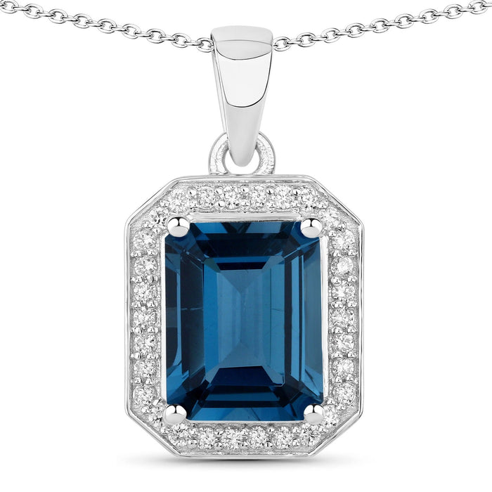 2.60 Ct Octagon London Blue Topaz & Lab Diamond Prong Silver Halo Pendant Necklace by Fine Color Jewels