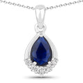 0.80 Ct Pear Blue Sapphire & Lab Diamond Prong Silver Teardrop Pendant Necklace by Fine Color Jewels