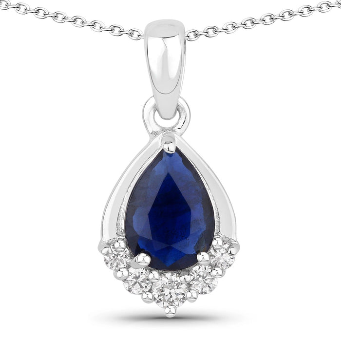 0.80 Ct Pear Blue Sapphire & Lab Diamond Prong Silver Teardrop Pendant Necklace by Fine Color Jewels