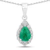 0.65 Ct Pear Green Zambian Emerald & Lab Diamond Prong Silver Teardrop Halo Pendant Necklace