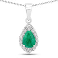 0.65 Ct Pear Green Zambian Emerald & Lab Diamond Prong Silver Teardrop Halo Pendant Necklace by Fine Color Jewels
