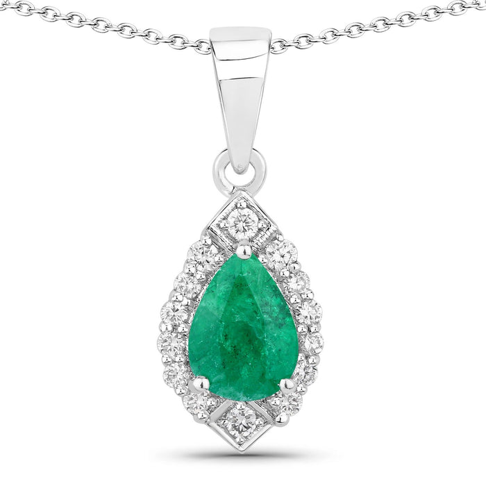 0.65 Ct Pear Green Zambian Emerald & Lab Diamond Prong Silver Teardrop Halo Pendant Necklace by Fine Color Jewels