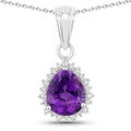 2.10 Ct Pear Purple Amethyst & Lab Diamond Prong Silver Halo Teardrop Pendant Necklace by Fine Color Jewels