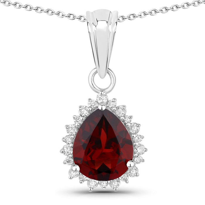 2.45 Ct Pear Red Mozambique Garnet & Lab Diamond Prong Silver Halo Teardrop Pendant Necklace by Fine Color Jewels