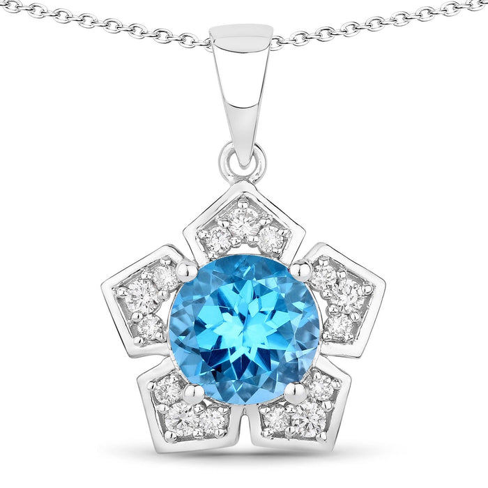 3.75 Ct Round Swiss Blue Topaz & Lab Diamond Prong Silver Star Shape Pendant Necklace by Fine Color Jewels