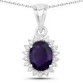 1.60 Ct Oval Purple Amethyst & Lab Diamond Prong Silver Halo Pendant Necklace by Fine Color Jewels