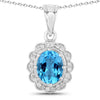 2.55 Ct Oval Swiss Blue Topaz & Lab Diamond Prong Silver Halo Floral Pendant Necklace