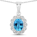 2.55 Ct Oval Swiss Blue Topaz & Lab Diamond Prong Silver Halo Floral Pendant Necklace by Fine Color Jewels