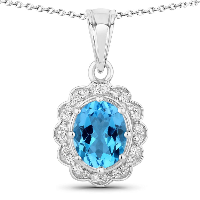 2.55 Ct Oval Swiss Blue Topaz & Lab Diamond Prong Silver Halo Floral Pendant Necklace by Fine Color Jewels