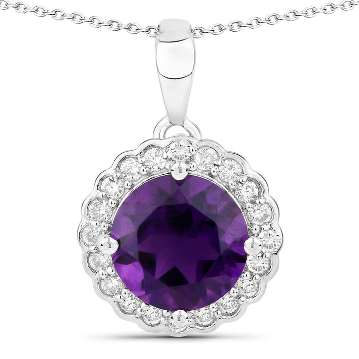 2.40 Ct Round Purple Amethyst & Lab Diamond Prong Silver Halo Floral Pendant Necklace by Fine Color Jewels