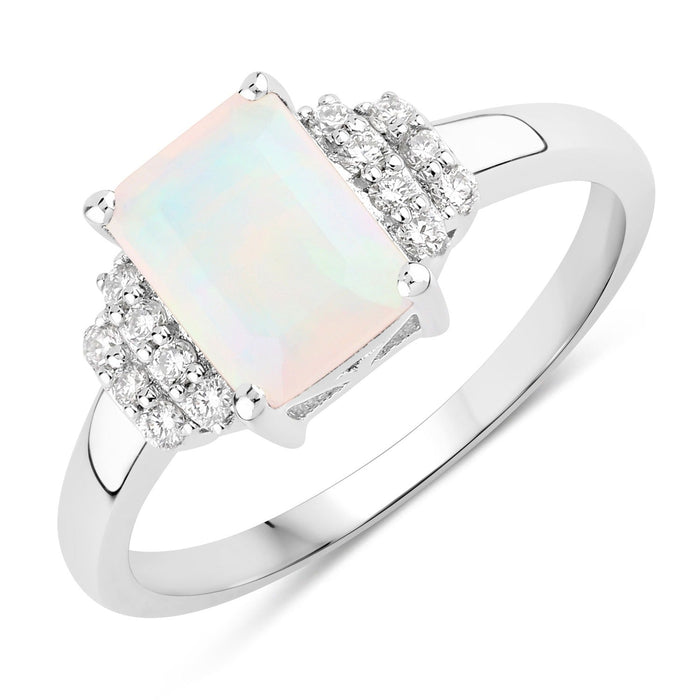 1.05 Ct Octagon White Ethiopian Opal and Lab Diamond Prong Silver Cocktail Ring by Fine Color Jewels