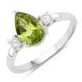 1.10 Ct Pear Green Peridot and Lab Diamond Prong Silver Three Stone Ring by Fine Color Jewels