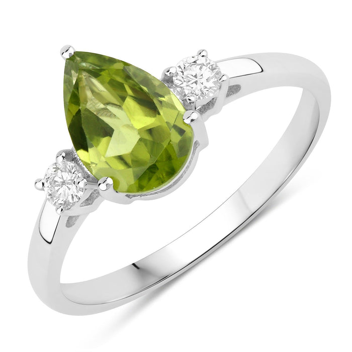 1.10 Ct Pear Green Peridot and Lab Diamond Prong Silver Three Stone Ring by Fine Color Jewels