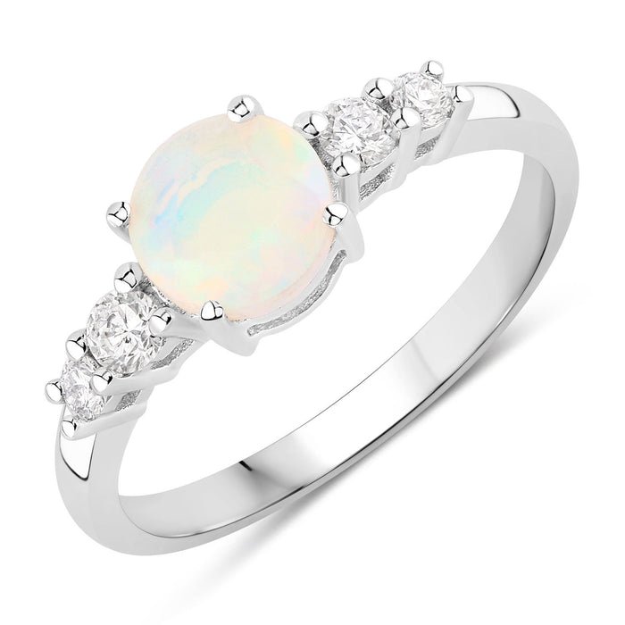 0.60 Ct Round White Ethiopian Opal and Lab Diamond Silver Prong Five Stone Ring by Fine Color Jewels