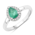 0.65 Ct Pear Green Zambian Emerald & Lab Diamond Prong Silver Halo Ring by Fine Color Jewels