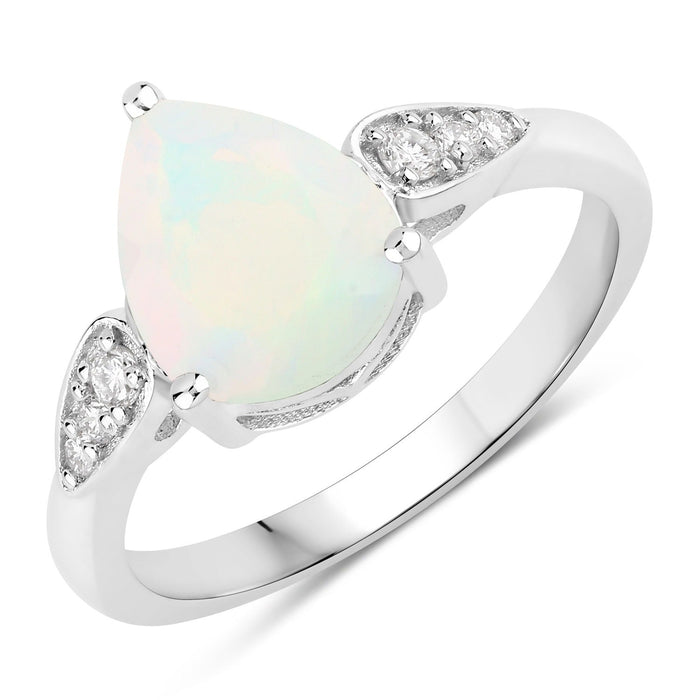 1.40 Ct Pear White Ethiopian Opal & Lab Diamond Prong Silver Cocktail Ring by Fine Color Jewels