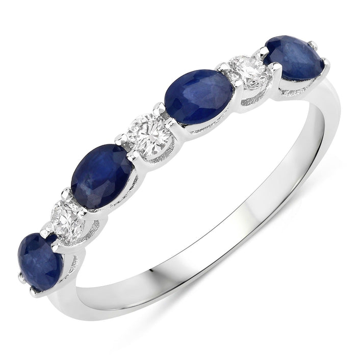 0.88 Ct Oval Blue Sapphire & Lab Diamond Prong Silver Half Eternity Seven Stone Ring by Fine Color Jewels