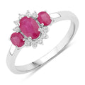 0.92 Ct Oval Pink Mozambique Ruby and Lab Diamond Prong Silver Three Stone Cocktail Ring by Fine Color Jewels