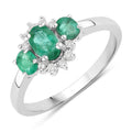 0.74 Ct Oval Green Zambian Emerald & Lab Diamond Prong Silver Three Stone Cocktail Ring by Fine Color Jewels