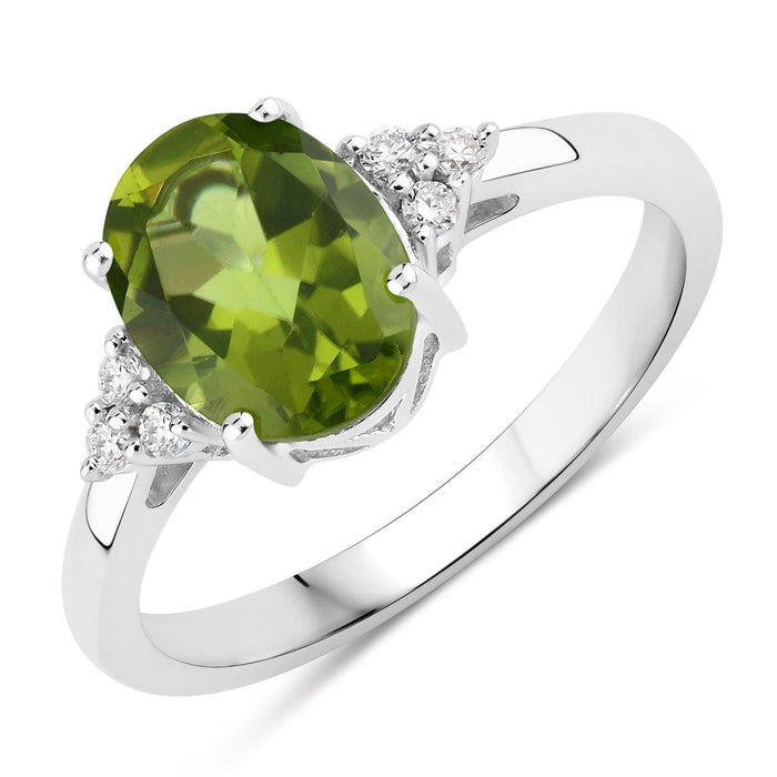 1.70 Ct Oval Green Peridot and Lab Diamond Prong Silver Cocktail Ring by Fine Color Jewels