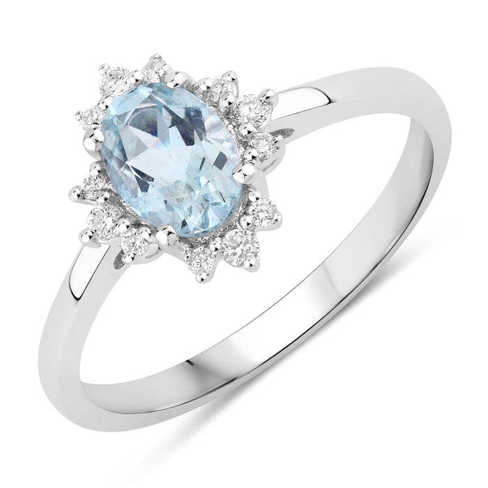 0.60 Ct Oval Blue Aquamarine and Lab Diamond Silver Halo Statement Ring by Fine Color Jewels