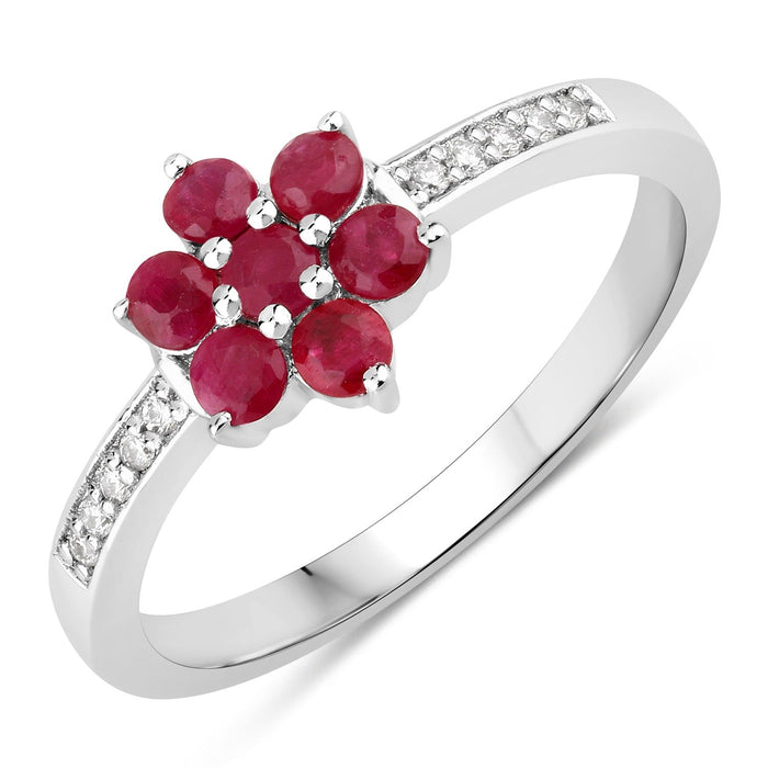0.49 Ct Round Red Mozambique Ruby and Lab Diamond Prong Silver Pave Floral Ring by Fine Color Jewels