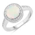 0.90 Ct Round White Ethiopian Opal Lab Diamond Prong Silver Pave Halo Ring by Fine Color Jewels