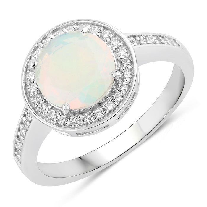 0.90 Ct Round White Ethiopian Opal Lab Diamond Prong Silver Pave Halo Ring by Fine Color Jewels