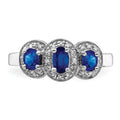 Blue Oval Sapphire and Diamond Prong Sterling Silver Three Stone Halo Ring by Fine Color Jewels