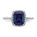 2.3 Ct Cushion Blue Created Sapphire & CZ Prong Rhodium-Plated Silver Halo Pave Band Ring by Fine Color Jewels
