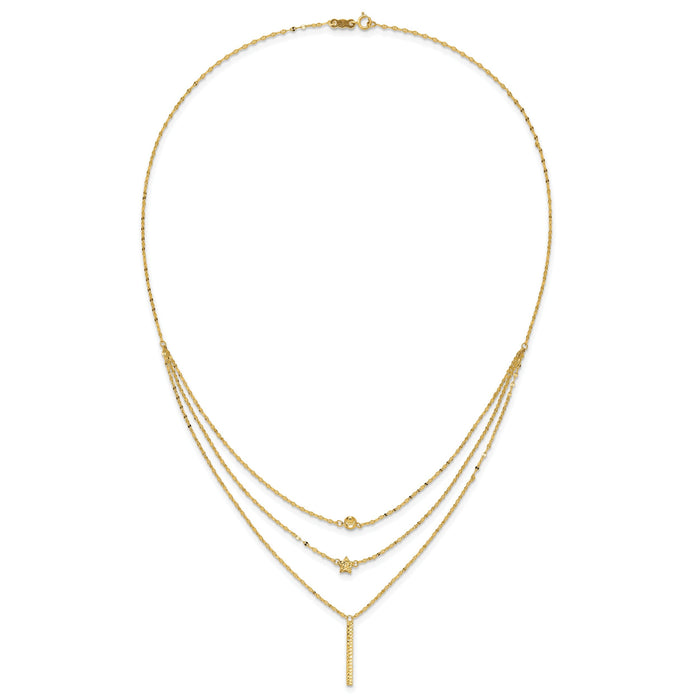 Diamond-Cut Star 14K Gold Three Strand Beaded Layered Necklace by Fine Color Jewels