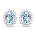 0.80 Ct Oval Blue Aquamarine & Lab Diamond Prong Silver Halo Basket Stud Earrings by Fine Color Jewels