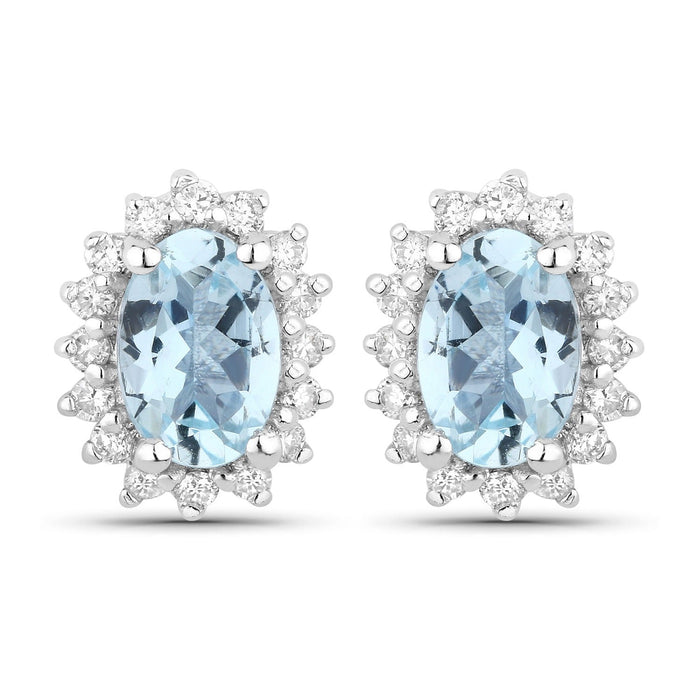 0.80 Ct Oval Blue Aquamarine & Lab Diamond Prong Silver Halo Basket Stud Earrings by Fine Color Jewels