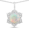 0.90 Ct round white Ethiopian Opal and Lab Diamond prong Silver flower pendant Necklace
