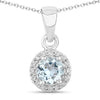 0.38 Ct round blue Aquamarine & Lab Diamond prong Silver Halo pendant Necklace