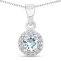 0.38 Ct round blue Aquamarine & Lab Diamond prong Silver Halo pendant Necklace by Fine Color Jewels