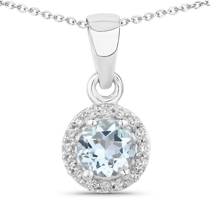 0.38 Ct round blue Aquamarine & Lab Diamond prong Silver Halo pendant Necklace by Fine Color Jewels