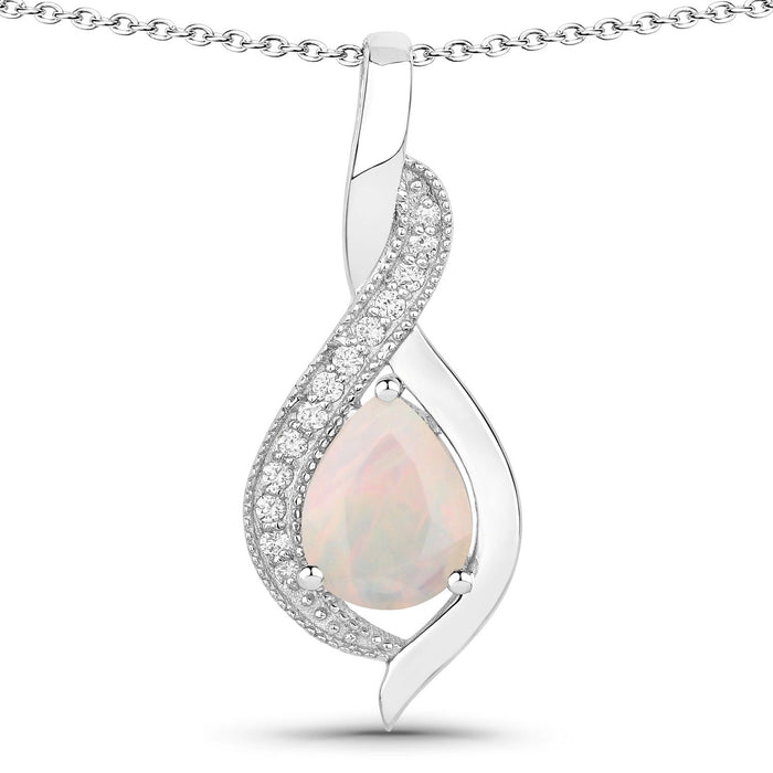 0.90 Ct Pear White Ethiopian Opal & Lab Diamond Prong Silver Teardrop Crossover Pendant Necklace by Fine Color Jewels