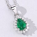 0.65 Ct pear Green Zambian Emerald and Lab Diamond Prong Silver Halo teardrop pendant Necklace by Fine Color Jewels