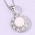 0.90 Ct round white Ethiopian Opal and Lab Diamond prong Silver Halo pendant Necklace by Fine Color Jewels
