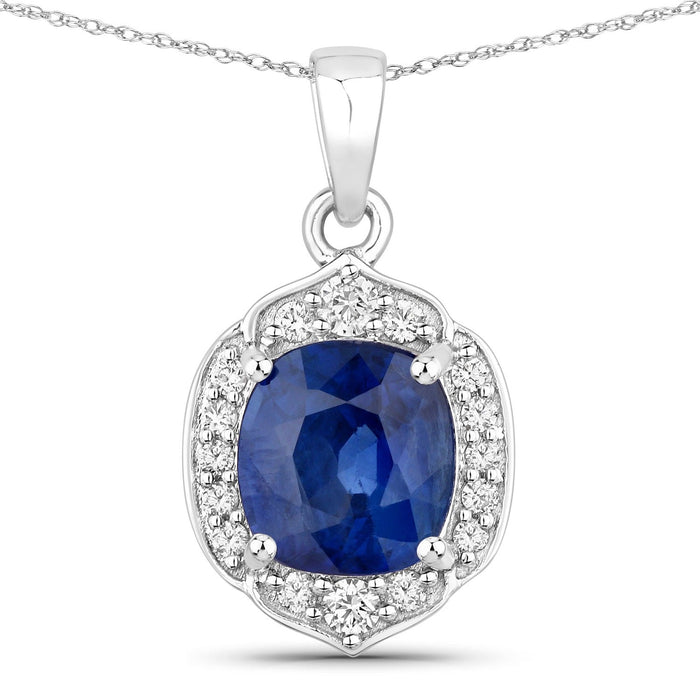 2.19 Ct Genuine Cushion Ceylon Blue Sapphire and Diamond 18K White Gold Halo Pendant by Fine Color Jewels