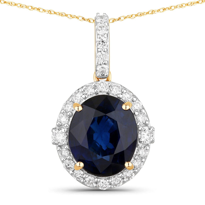 2.58 Ct Genuine Oval Ceylon Blue Sapphire and Diamond 18K Yellow Gold Halo Pendant by Fine Color Jewels