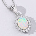 0.90 Ct Oval White Ethiopian Opal & Lab Diamond Prong Silver Halo Pendant Necklace by Fine Color Jewels